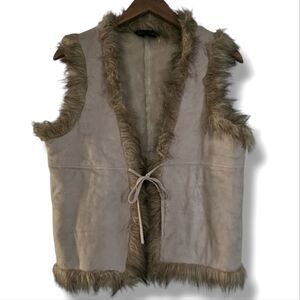 Blanc Noir Penny Lane Vest Faux Suede  Faux Fur Trim Tie Front Hippie Boho Retro